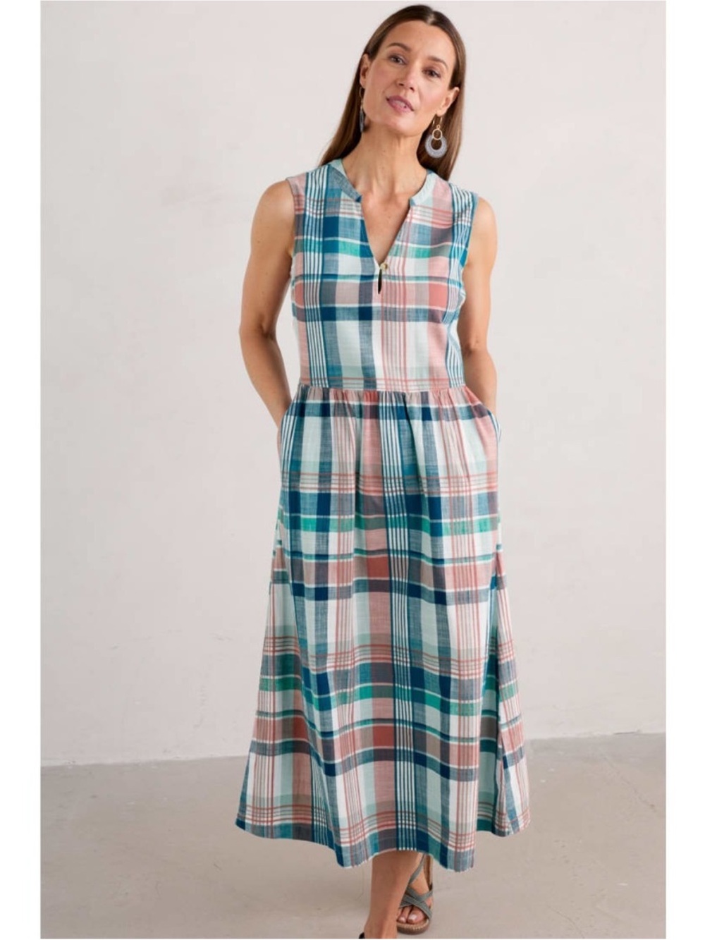 Seasalt Cornwall Bassett Wood Organic Cotton Check Plaid Midi Dress Teal Pink 4 - Picture 6 of 15